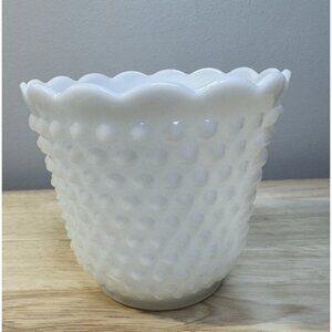 White Hobnail Milk Glass Wide Vase Planter Flower Pot Cottage Fire-King